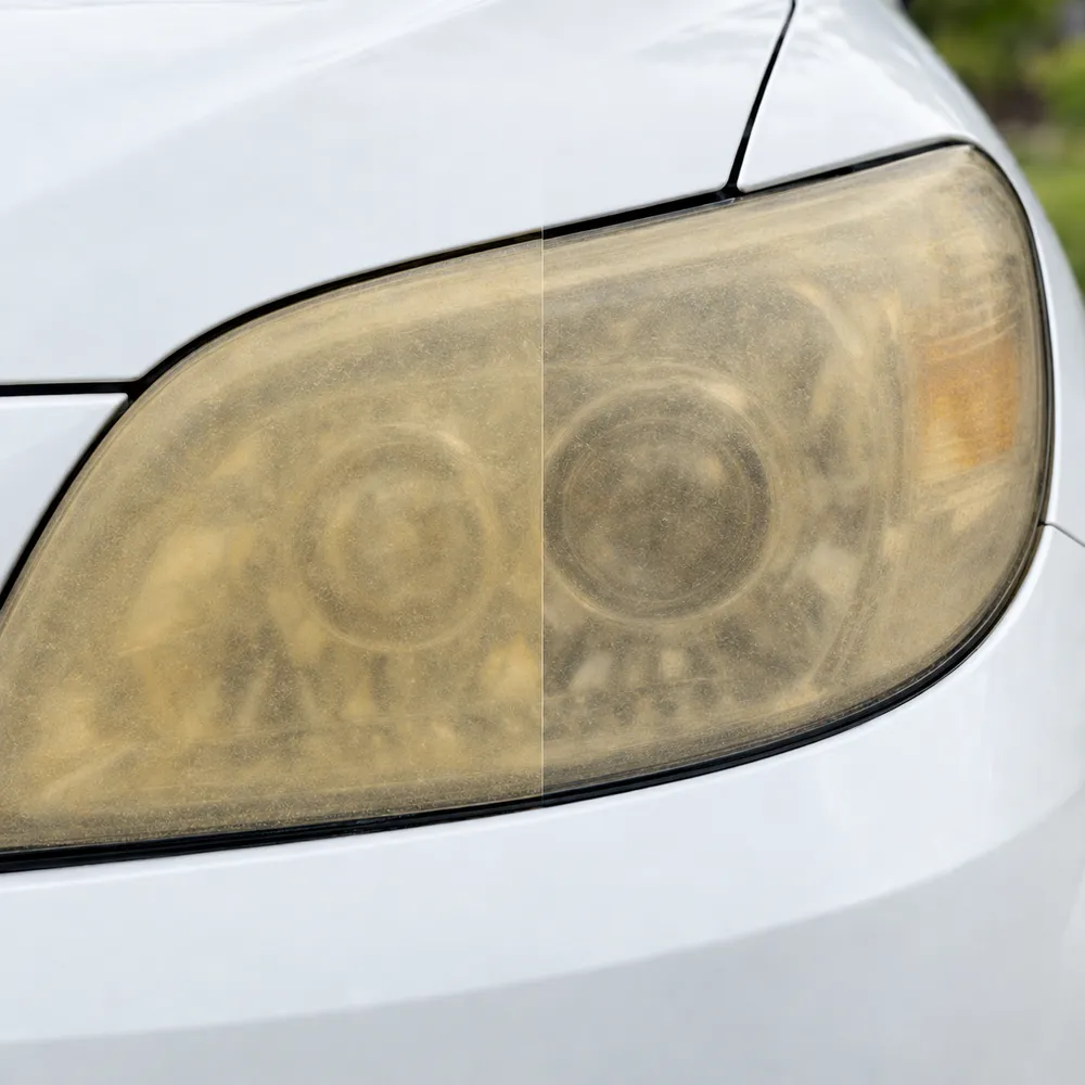Headlight before restoration, yellow and cloudy