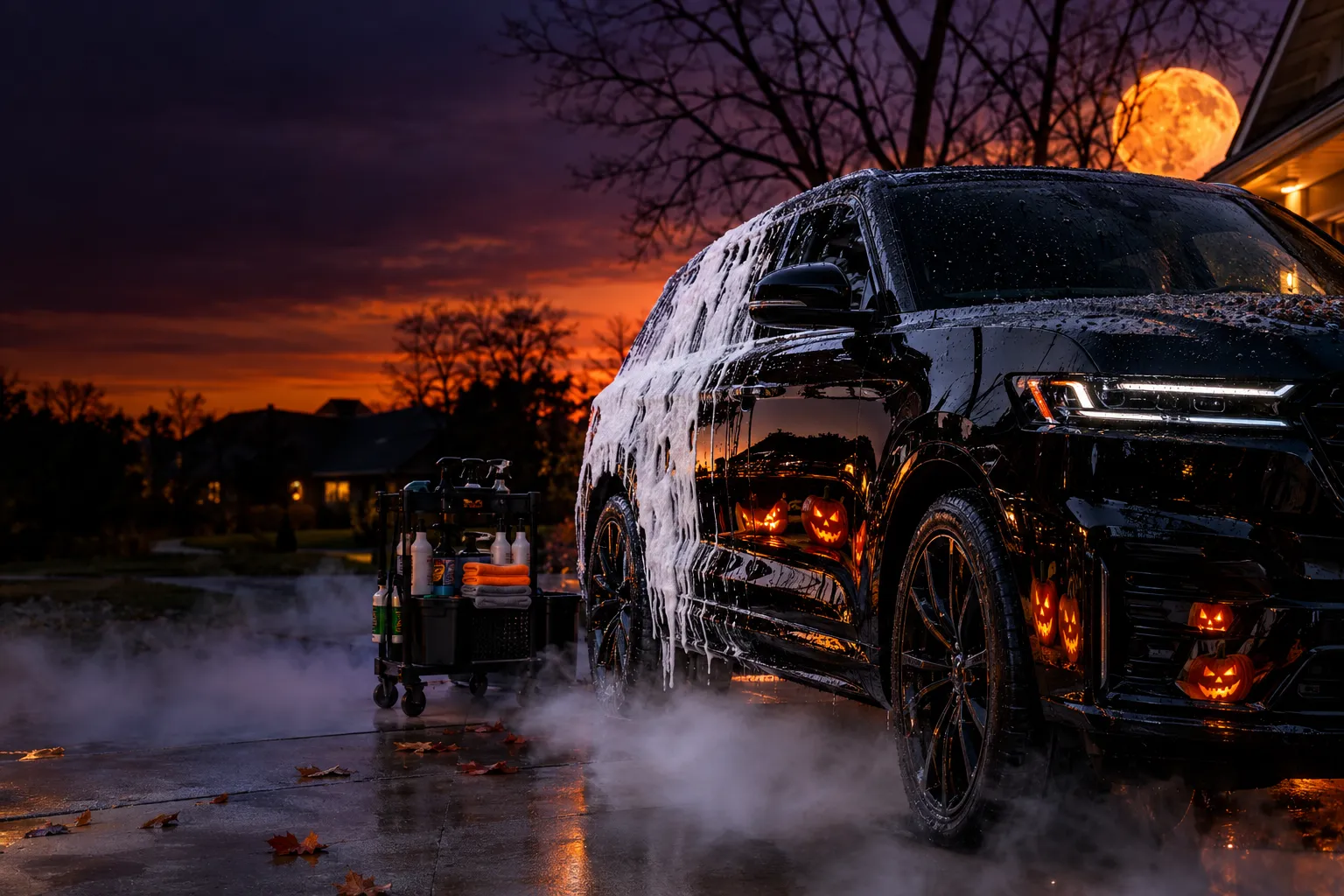 Glossy black SUV covered in snow foam in a foggy driveway at dusk with glowing jack-o-lanterns